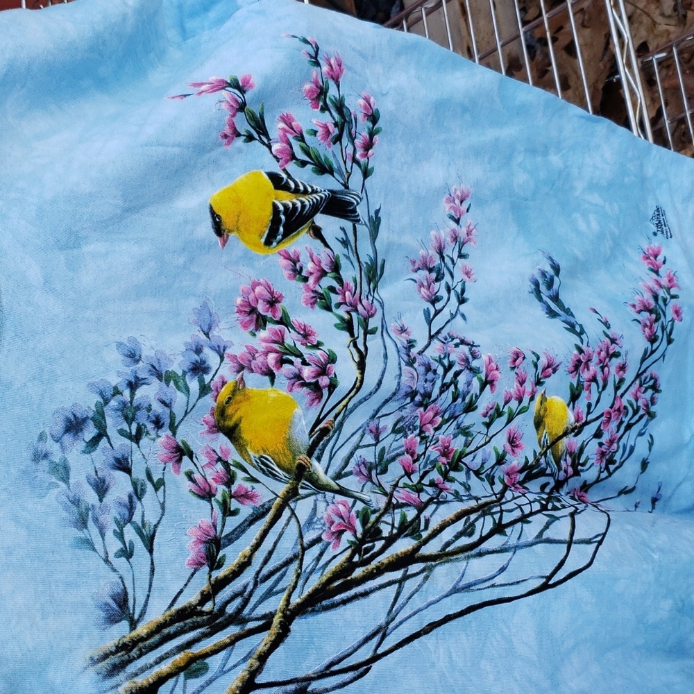 Vintage 2001 Y2k The Mountain yellow birds Goldfinch Blossom  T-Shirt  sz L
